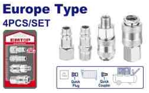 4 Piece Air Coupler Plug Set Europe Type 1/4" - Professional Pneumatic Fittings Female Male Thread Coupler Plug Sliding Card Packed